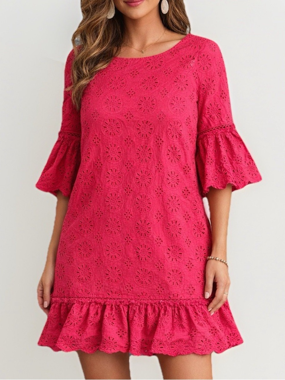 Anthropologie Pink Eyelet Ruffle Shift Dress